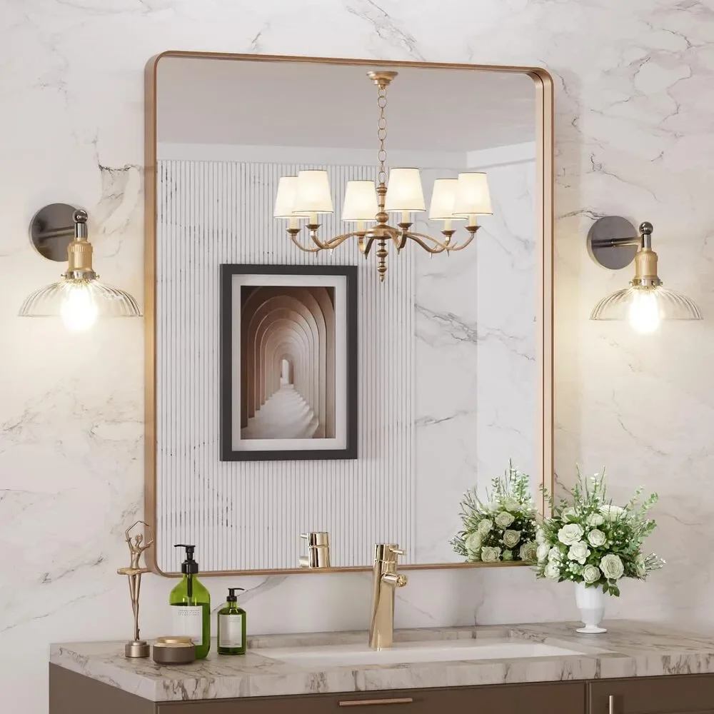 LOAAO 30x36 Gold Bathroom Mirror Rounded Rectangle Vanity Wall Mirror